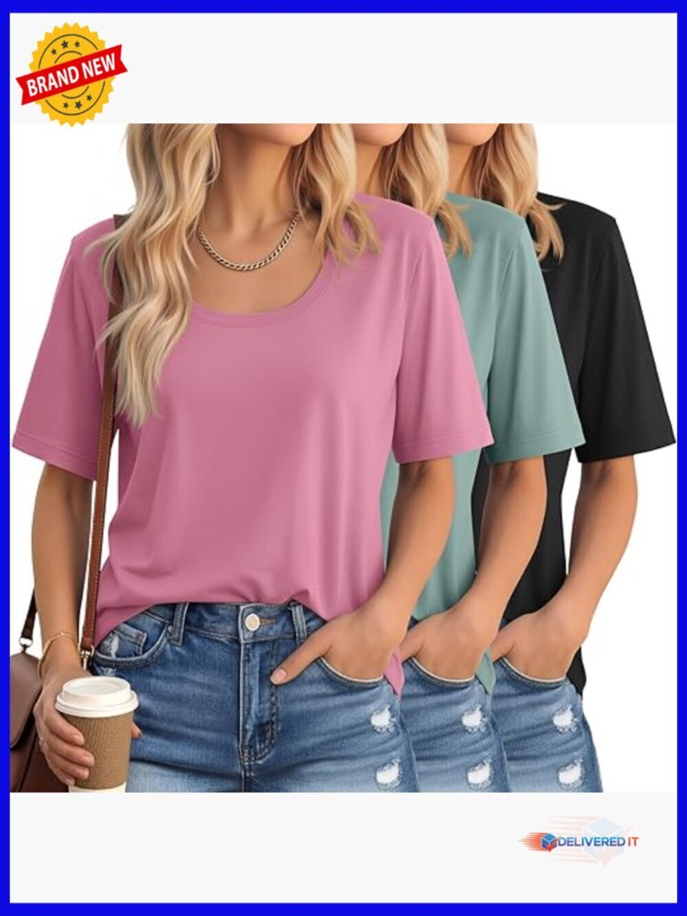 3 Pack Scoop Neck Half Sleeve Tops for Women Casual Loose Basic Tees